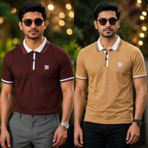 2Pcs Burbery Polo Shirt- Coffee & Beige