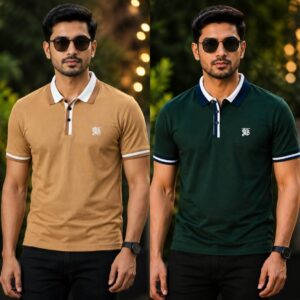 2Pcs Burbery Polo Shirt- Beige & Bottle Green