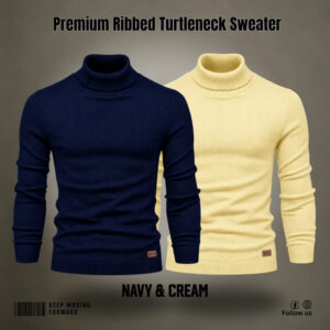 2 Pcs Combo Ribbed Turtleneck Sweater (Navy, Cream)