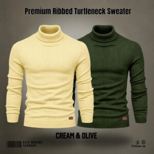2 Pcs Combo Ribbed Turtleneck Sweater (Olive, Cream)